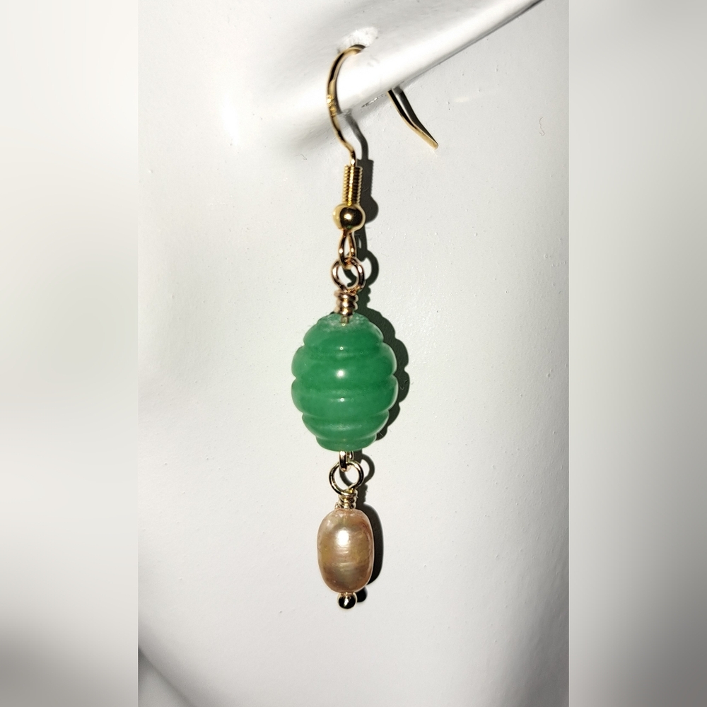 Elegant Green Adventurine & 14K Gold Freshwater Pearl Dangle Earrings